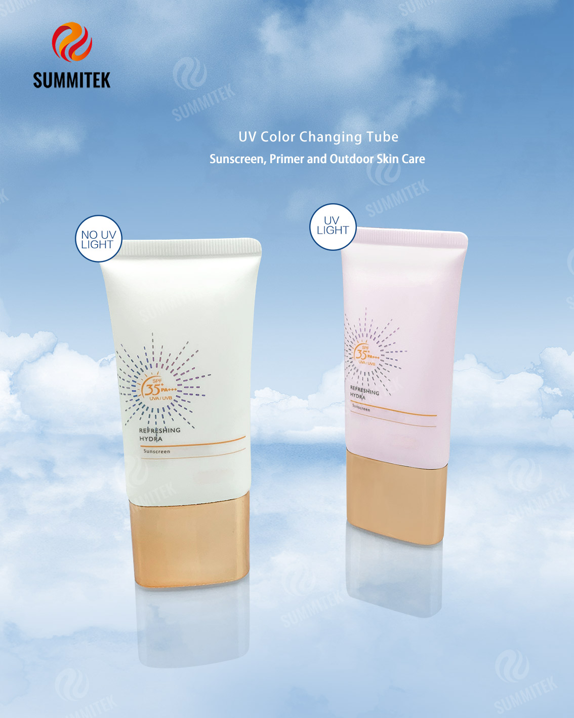 หลอดเครื่องสำอางเปลี่ยนสี UV พร้อมหัวฉีดยาวสำหรับครีมกันแดดและกันแดด
