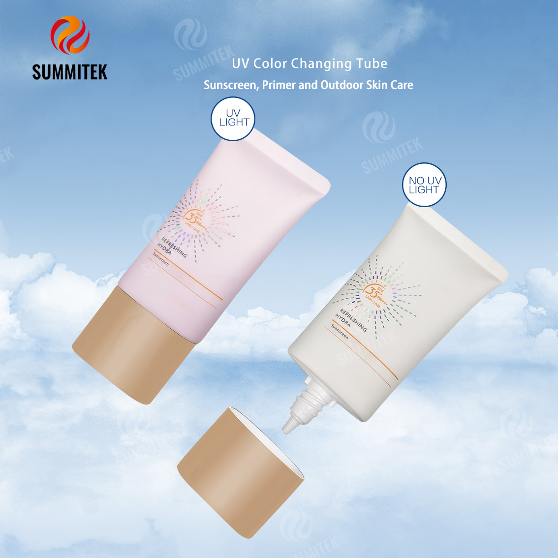 หลอดเครื่องสำอางเปลี่ยนสี UV พร้อมหัวฉีดยาวสำหรับครีมกันแดดและกันแดด