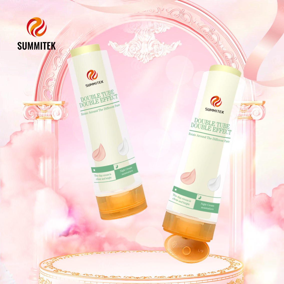 หลอดเครื่องสำอาง Double Chamber Double Effect พร้อมเครื่องจ่ายแบบหมุนได้