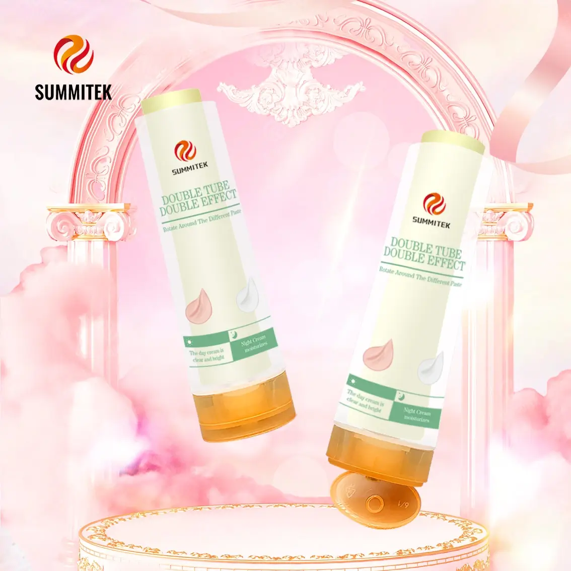 หลอดเครื่องสำอาง Double Chamber Double Effect พร้อมเครื่องจ่ายแบบหมุนได้