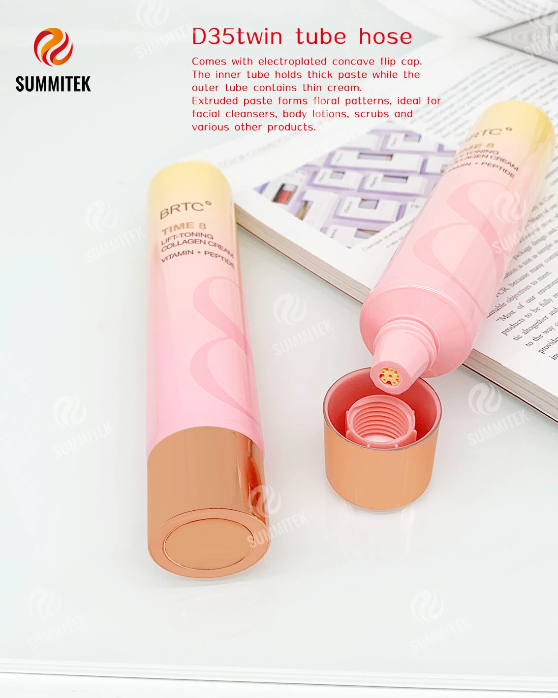 D35 Concentric Dual Tube พร้อมช่องลายดอกไม้สำหรับคลีนเซอร์และโลชั่นบำรุงผิว