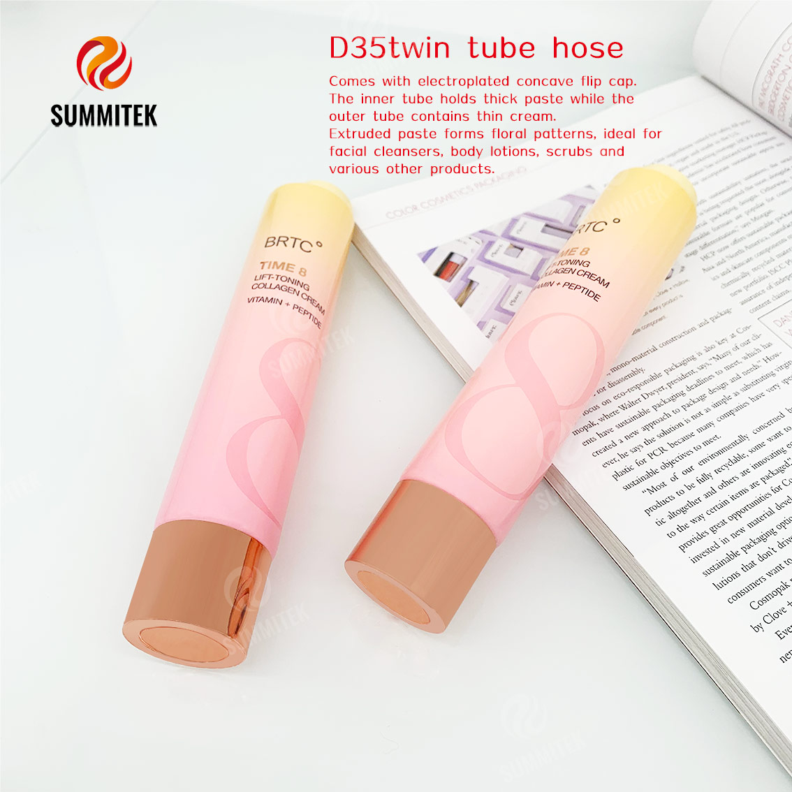D35 Concentric Dual Tube พร้อมช่องลายดอกไม้สำหรับคลีนเซอร์และโลชั่นบำรุงผิว