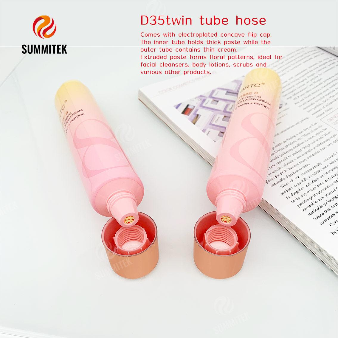 D35 Concentric Dual Tube พร้อมช่องลายดอกไม้สำหรับคลีนเซอร์และโลชั่นบำรุงผิว
