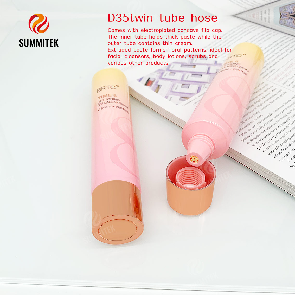 D35 Concentric Dual Tube พร้อมช่องลายดอกไม้สำหรับคลีนเซอร์และโลชั่นบำรุงผิว