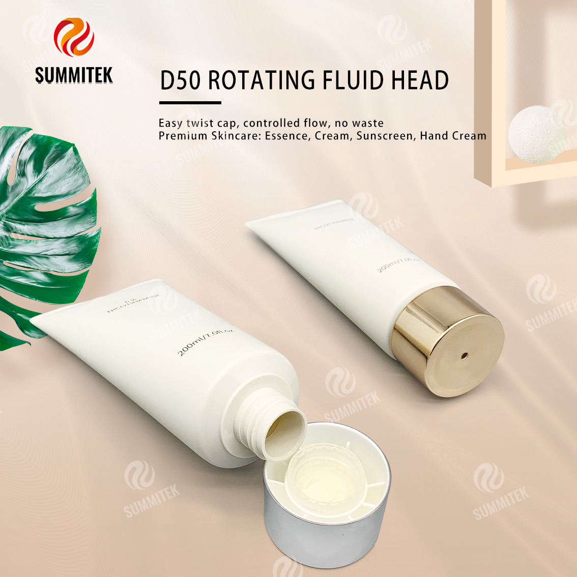 หลอดจ่ายแบบหมุนได้ D50 พร้อมฝาชุบทองหรือเงินด้วยไฟฟ้าสำหรับผลิตภัณฑ์ดูแลผิวระดับพรีเมียม