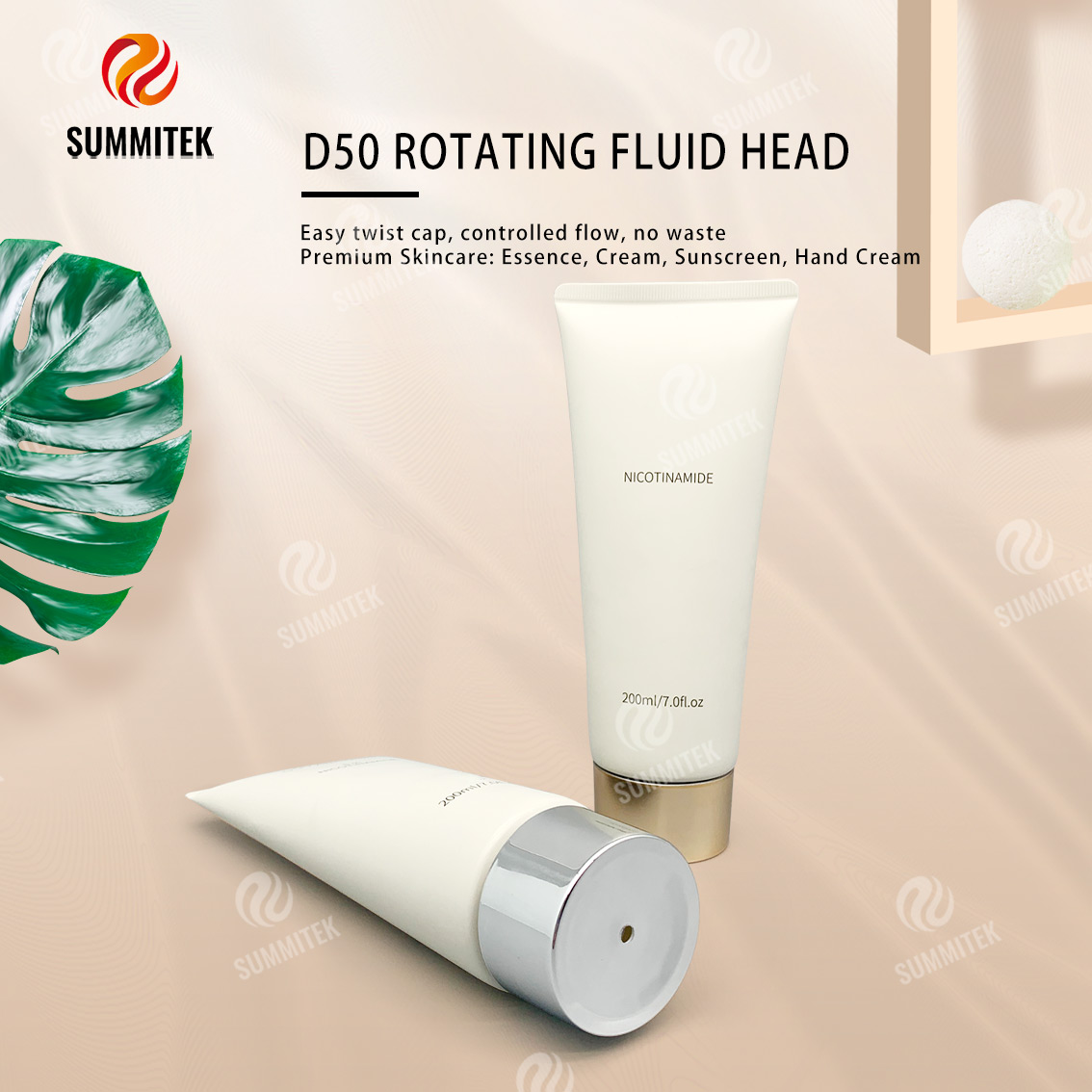 หลอดจ่ายแบบหมุนได้ D50 พร้อมฝาชุบทองหรือเงินด้วยไฟฟ้าสำหรับผลิตภัณฑ์ดูแลผิวระดับพรีเมียม
